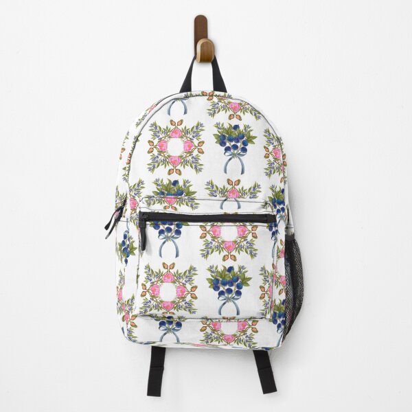 Item preview, Botanical print with blueberries, poppies, peonies and bows on a white background. Hand-drawn print designed and sold by Grin Katalina Floral Patterns & Cozy Art.