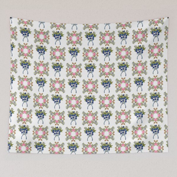 Item preview, Botanical print with blueberries, poppies, peonies and bows on a white background. Hand-drawn print designed and sold by Grin Katalina Floral Patterns & Cozy Art.