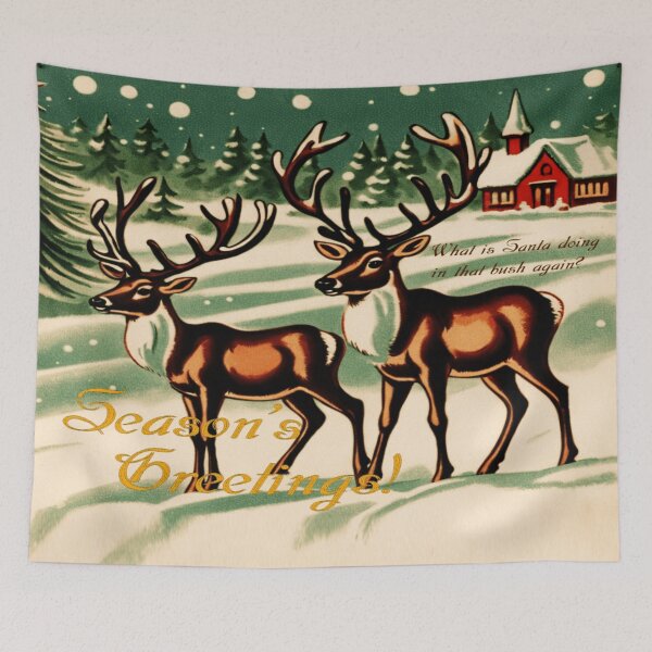 Item preview, Reindeers Guard Santa's Secrets in the Wilderness | Vintage Winter Holiday Greeting Card | Season's Greetings | Vintage Christmas Holiday Art | Vintage Reindeer Art designed and sold by UnhingedBird.