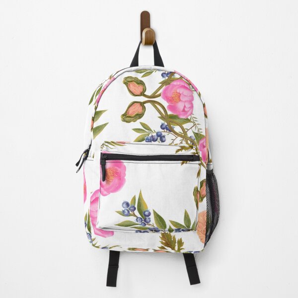 Item preview, Botanical print with blueberries, poppies, peonies, protea on a white background. Hand-drawn print designed and sold by Grin Katalina Floral Patterns & Cozy Art.