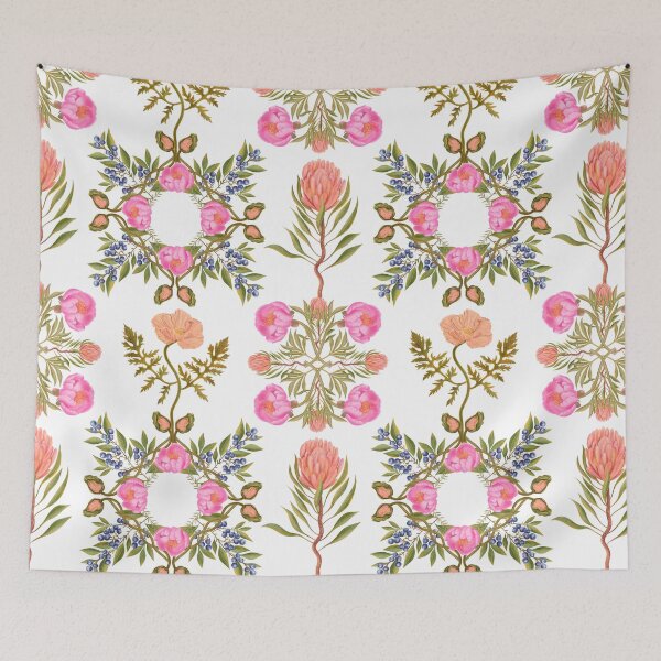 Item preview, Botanical print with blueberries, poppies, peonies, protea on a white background. Hand-drawn print designed and sold by Grin Katalina Floral Patterns & Cozy Art.