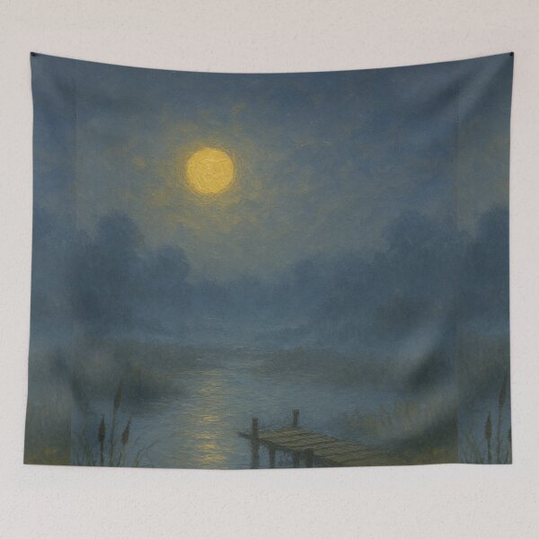 Item preview, Foggy Marshland – Wooden Pier & Rowboat in Mist designed and sold by Syrupulse.