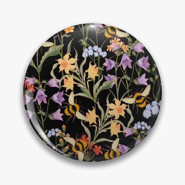 Item preview, Botanical seamless print with colorful flowers and bumblebees on a black background. Hand-drawn print designed and sold by Grin Katalina Floral Patterns & Cozy Art.