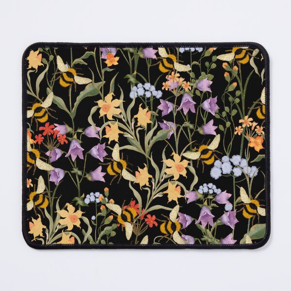 Item preview, Botanical seamless print with colorful flowers and bumblebees on a black background. Hand-drawn print designed and sold by Grin Katalina Floral Patterns & Cozy Art.
