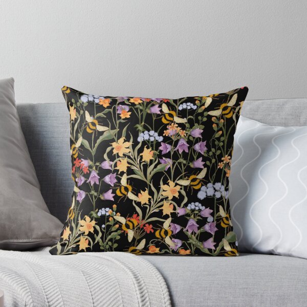 Item preview, Botanical seamless print with colorful flowers and bumblebees on a black background. Hand-drawn print designed and sold by Grin Katalina Floral Patterns & Cozy Art.