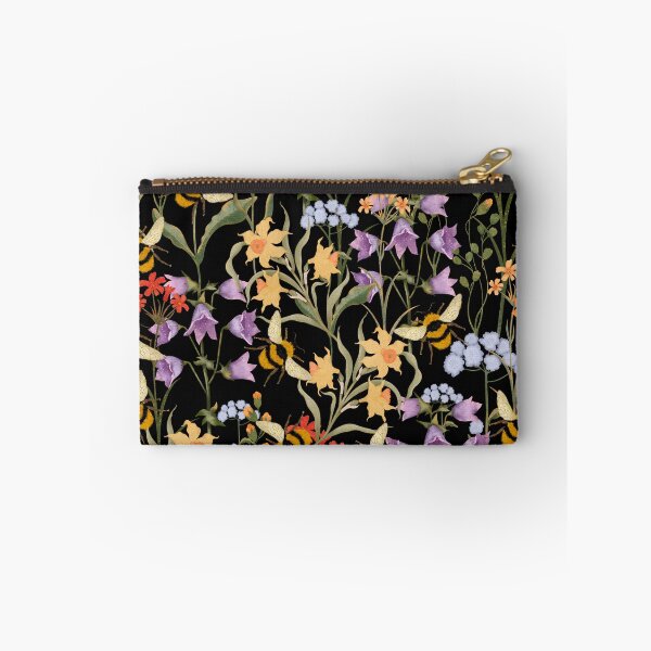 Item preview, Botanical seamless print with colorful flowers and bumblebees on a black background. Hand-drawn print designed and sold by Grin Katalina Floral Patterns & Cozy Art.