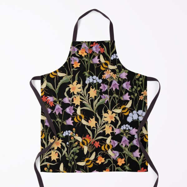 Item preview, Botanical seamless print with colorful flowers and bumblebees on a black background. Hand-drawn print designed and sold by Grin Katalina Floral Patterns & Cozy Art.