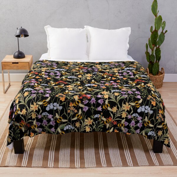 Item preview, Botanical seamless print with colorful flowers and bumblebees on a black background. Hand-drawn print designed and sold by Grin Katalina Floral Patterns & Cozy Art.