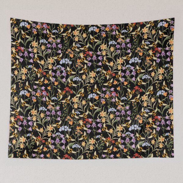 Item preview, Botanical seamless print with colorful flowers and bumblebees on a black background. Hand-drawn print designed and sold by Grin Katalina Floral Patterns & Cozy Art.