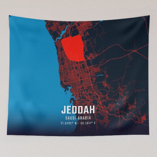 Item preview, Jeddah Red & Blue Minimalist Map designed and sold by HomeLivingCo.