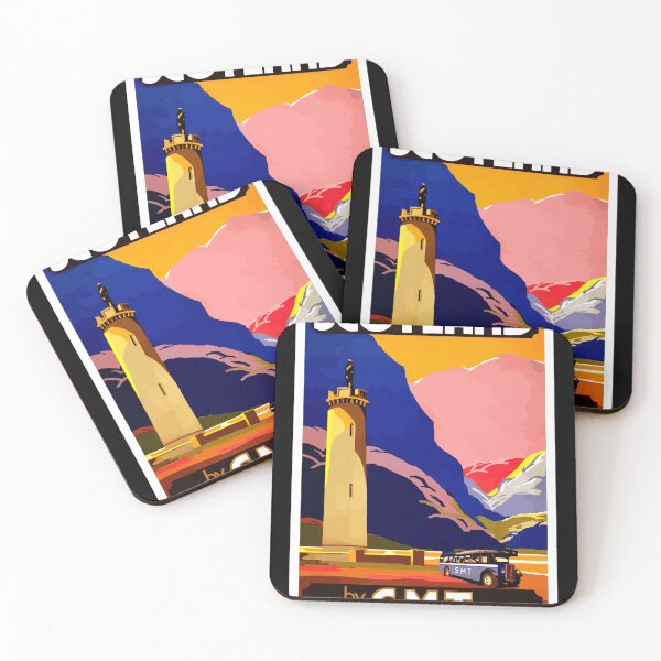Item preview, Vintage Scotland Travel Poster | Art Deco Style | SMT Bus & Glenfinnan Monument | Bold Colors | Scenic Landscape designed and sold by artofuniverse.