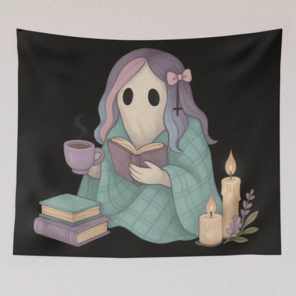 Item preview, Pastel Goth Ghost with Books – Cozy Gothic Reading Art designed and sold by Ombrya.