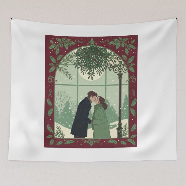Item preview, Romantic Mistletoe Kiss by the Snowy Window | Cozy Holiday Couple Art designed and sold by asliberry.