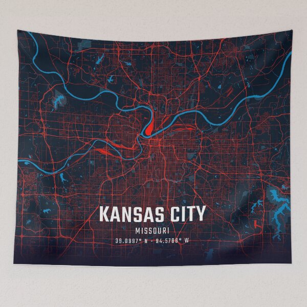 Item preview, Kansas City Red & Blue Minimalist Map designed and sold by HomeLivingCo.