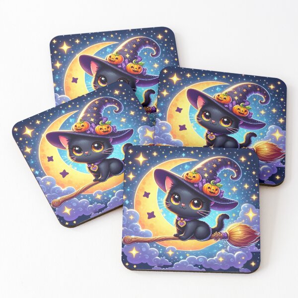 Item preview, Adorable Cat Riding a Witch Broom in The Starry Sky and The Crescent Moon designed and sold by DreamagineArtDesign.