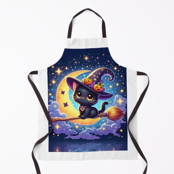 Item preview, Adorable Cat Riding a Witch Broom in The Starry Sky and The Crescent Moon designed and sold by DreamagineArtDesign.
