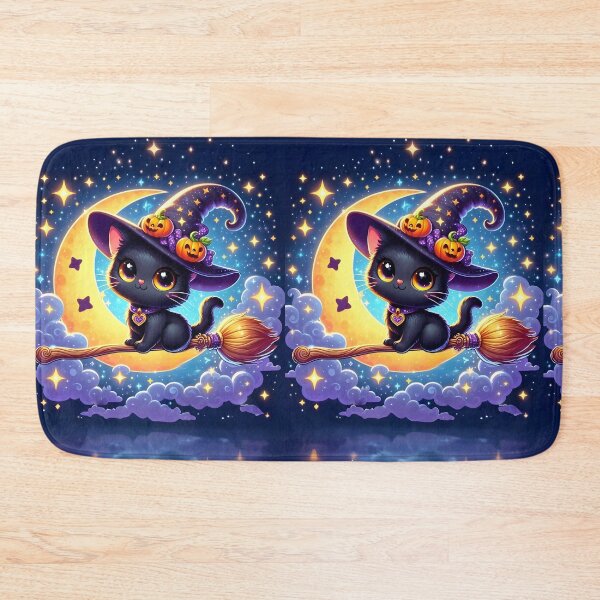 Item preview, Adorable Cat Riding a Witch Broom in The Starry Sky and The Crescent Moon designed and sold by DreamagineArtDesign.