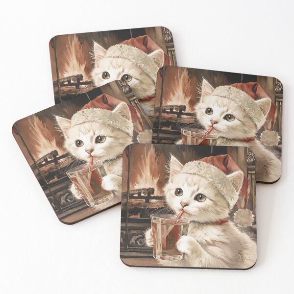 Item preview, White Kitten with Santa Cap Drinking Tea | Cat Art designed and sold by UnhingedBird.