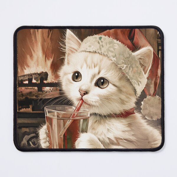 Item preview, White Kitten with Santa Cap Drinking Tea | Cat Art designed and sold by UnhingedBird.