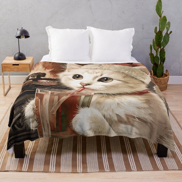 Item preview, White Kitten with Santa Cap Drinking Tea | Cat Art designed and sold by UnhingedBird.