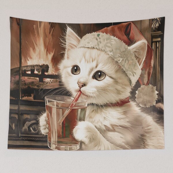 Item preview, White Kitten with Santa Cap Drinking Tea | Cat Art designed and sold by UnhingedBird.