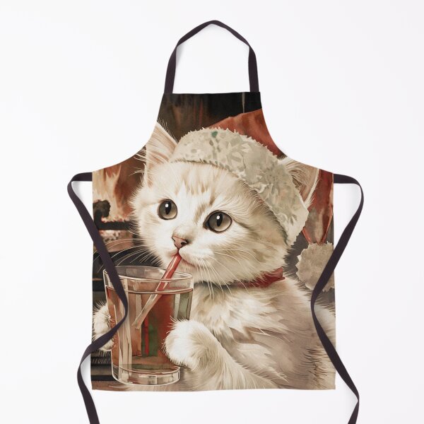 Item preview, White Kitten with Santa Cap Drinking Tea | Cat Art designed and sold by UnhingedBird.