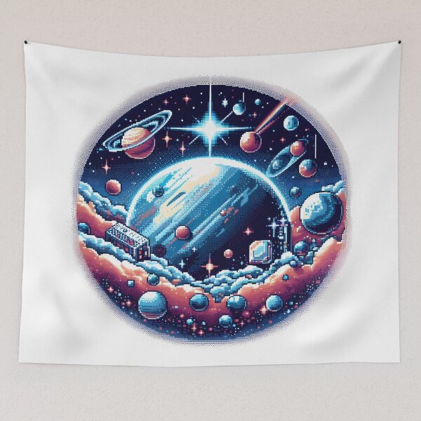 Item preview, Pixel Space Dreamland with Planets and Cosmic Cabins. designed and sold by The-T-In-Retro.