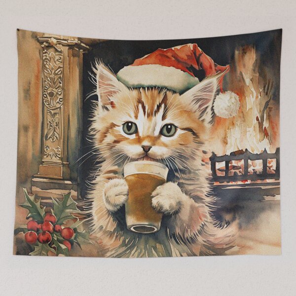 Item preview, Tabby Kitten with Santa Cap Enjoying Winter Holidays | Cat Art designed and sold by UnhingedBird.