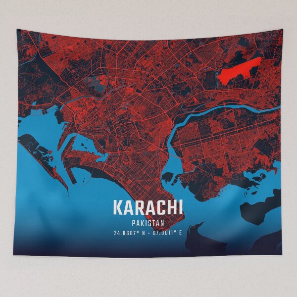 Item preview, Karachi Red & Blue Minimalist Map designed and sold by HomeLivingCo.