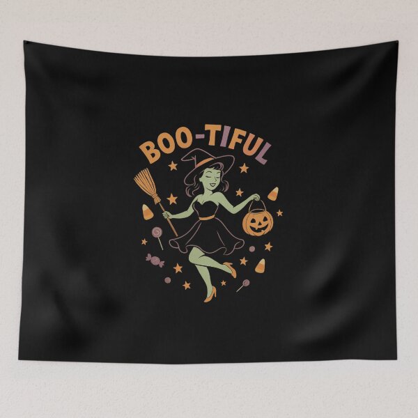 Item preview, BOO-TIFUL Witch Halloween Pin-Up | Cute Retro Witch with Pumpkin & Broom designed and sold by Trendora Studio.