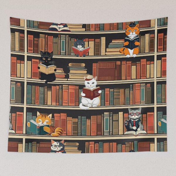 Artikelvorschau, Katzen in der Bibliothek lesen Illustrationsmuster | Katzenkunst | Katzenzeichnung | Buchliebhaber entworfen und verkauft von UnhingedBird.