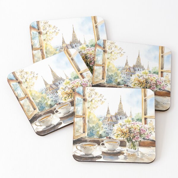 Item preview, Morning Tea in Bangkok – Watercolor View of Thai Temple, Travel Vacation Art Print designed and sold by vallass.