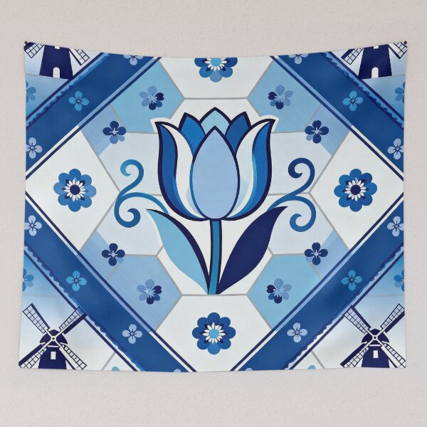 Item preview, Dutch Delft Blue Chinoiserie print  — Blue & White Tulip + Windmill  designed and sold by Pjotre7.