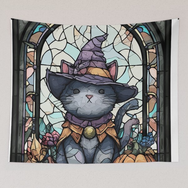 Artikelvorschau, Buntglas Hexenkatze - Halloween Kürbis Fensterkunst entworfen und verkauft von Wall Hues.