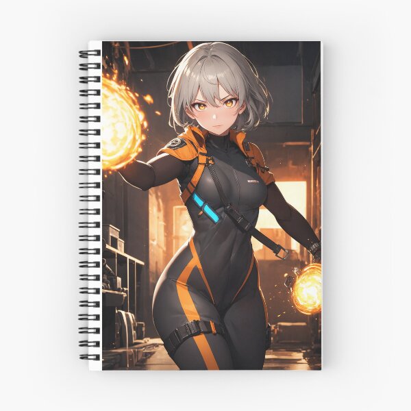 Item preview, Fierce Futuristic Warrior in Sleek Orange and Black Combat Suit Unleashing Dual Fire Orbs designed and sold by iloveanimechibi.