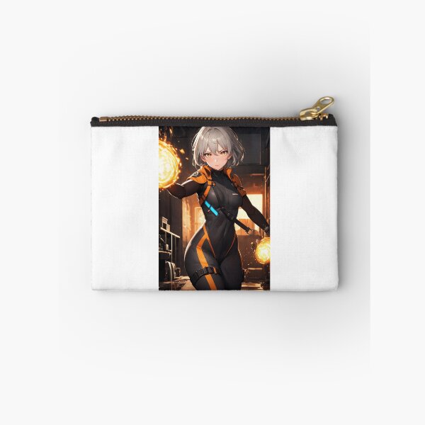 Item preview, Fierce Futuristic Warrior in Sleek Orange and Black Combat Suit Unleashing Dual Fire Orbs designed and sold by iloveanimechibi.