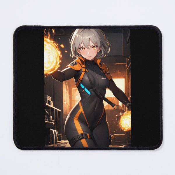 Item preview, Fierce Futuristic Warrior in Sleek Orange and Black Combat Suit Unleashing Dual Fire Orbs designed and sold by iloveanimechibi.