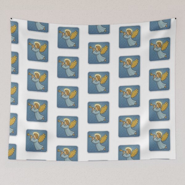 Item preview, Angel playing trumpet on blue background with stars, religious theme, AI generated designed and sold by dvoevnore.