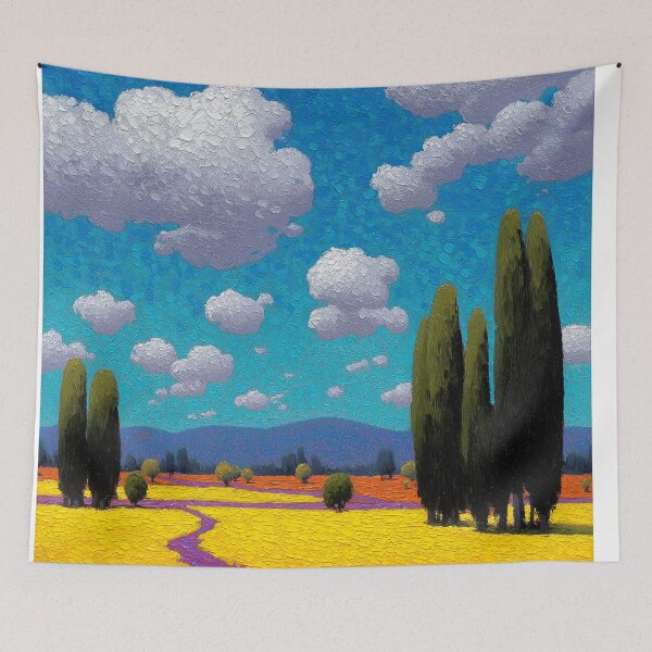 Item preview, Pointillist Landscape - Cypress Trees and Lavender Field Art designed and sold by Wall Hues.