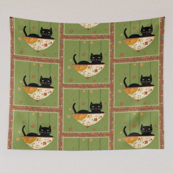 Item preview, Naive Style Cat Illustration: Black Cat in a Chandelier | Cat Art designed and sold by UnhingedBird.