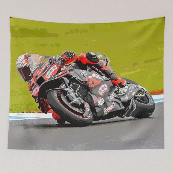 Item preview, Marco Bezzecchi racing his 2025 MotoGP motorcycle in the corners watercolor designed and sold by Rodissimus1984.