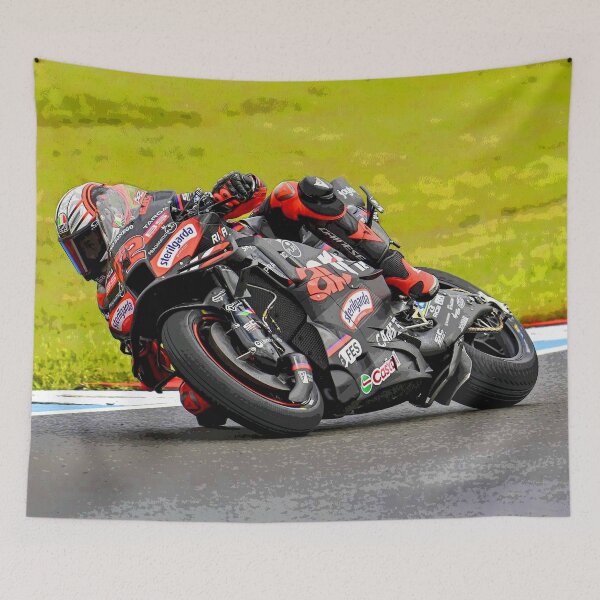 Item preview, Marco Bezzecchi racing his 2025 MotoGP motorcycle in the corners abstract designed and sold by Rodissimus1984.