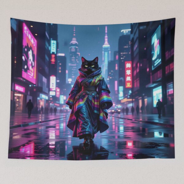 Item preview, Cyber Cat – Confidence, neon light and futuristic style in a vibrant cityscape designed and sold by FotoworldEdel.