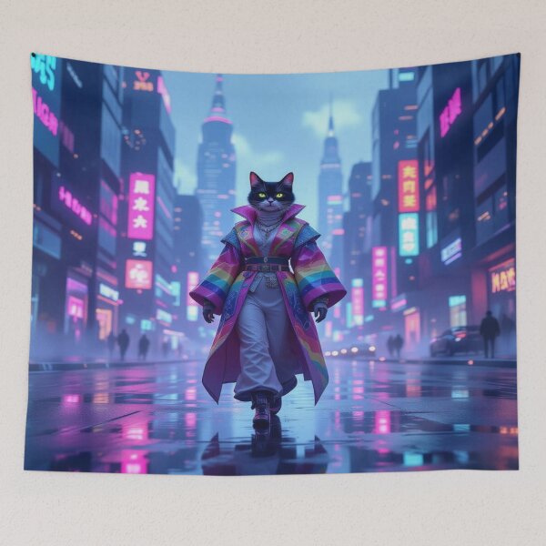 Item preview, Cyber Cat – Confidence, neon light and futuristic style in a vibrant cityscape designed and sold by FotoworldEdel.