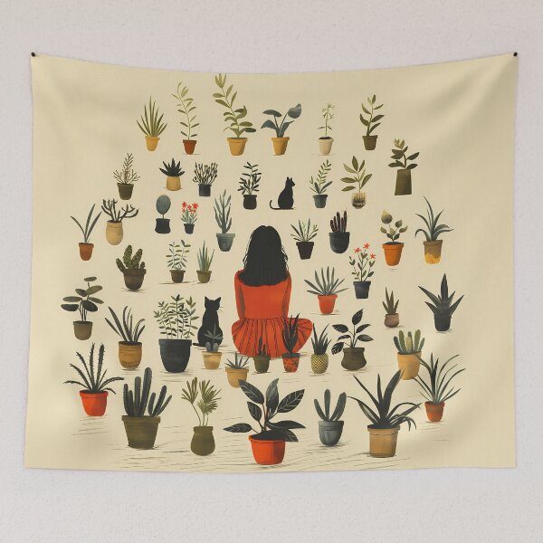 Item preview, Girl with Cats and Plants – Cozy Botanical Illustration designed and sold by PostcardsfromtheLaundromat.