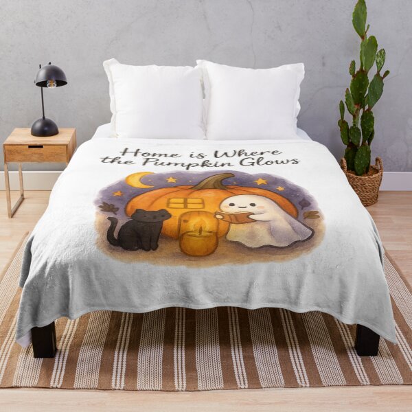 Item preview, Home is Where the Pumpkin Glows – Cozy Ghost & Cat Halloween Art designed and sold by TheMiniKiwiShop.