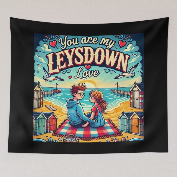 Item preview, Couple at Leysdown Beach with Love Banner, enjoying the sea side vibe. designed and sold by The-T-In-Retro.