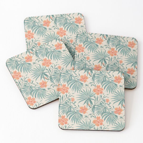 Item preview, Tropical Watercolor Seamless Pattern – Coral Hibiscus and Green Palm Leaves on Cream designed and sold by HolmeProud.