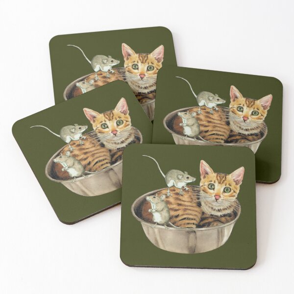 Item preview, Bengal Kitten in Bowl with Two Mice, Illustration designed and sold by JoyfulWhimsy.