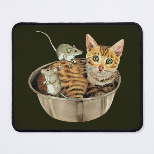 Item preview, Bengal Kitten in Bowl with Two Mice, Illustration designed and sold by JoyfulWhimsy.